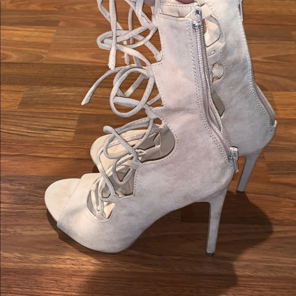 Shoe Republic LA Blush Lace Up Peep Toe Heels